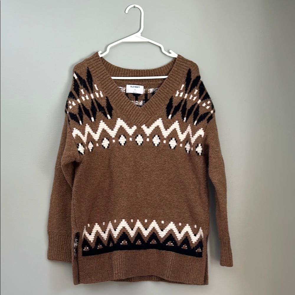 Old Navy Brown V-Neck Sweater with Nordic Pattern